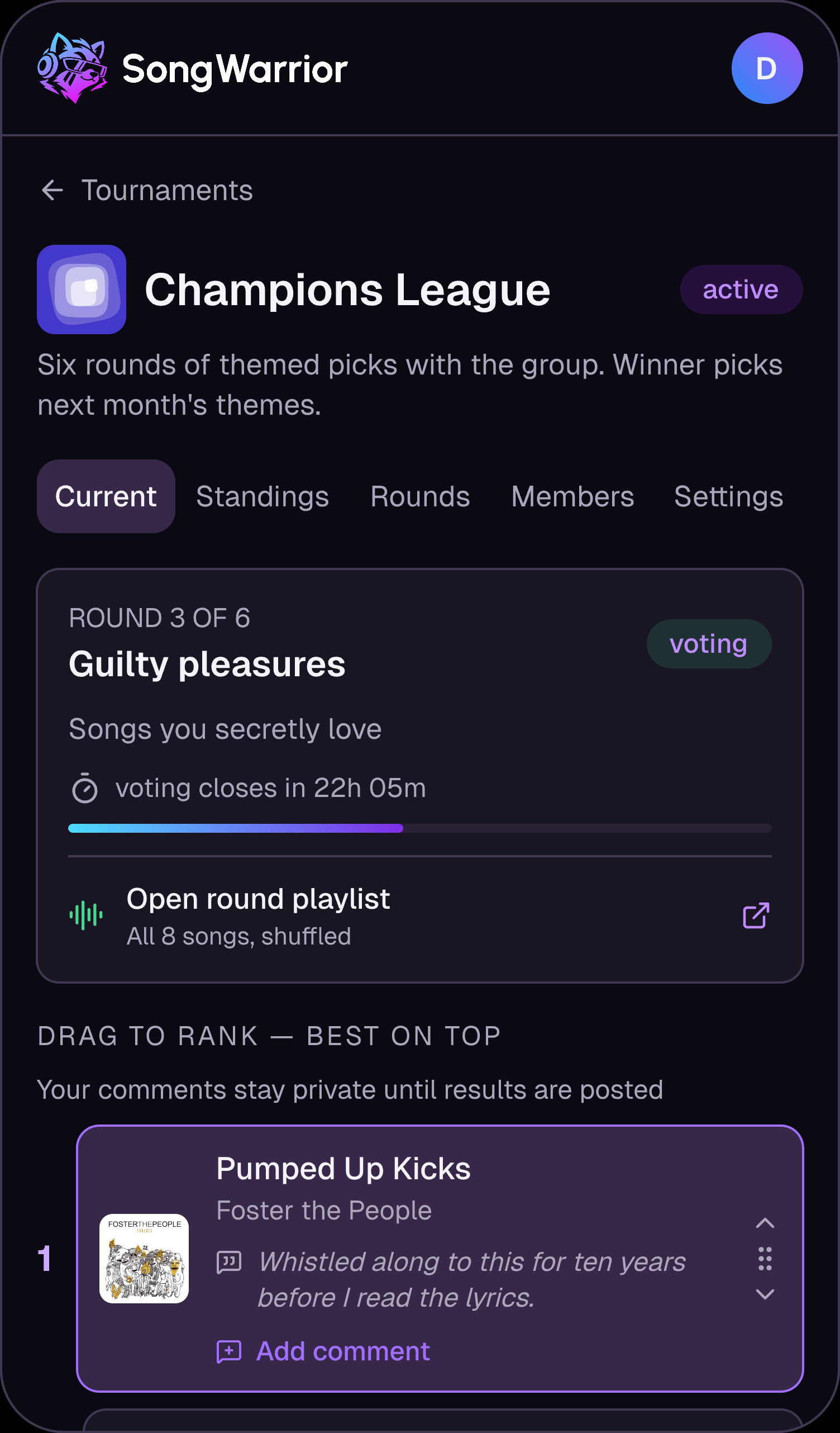 A SongWarrior round open for voting, with songs ready to rank